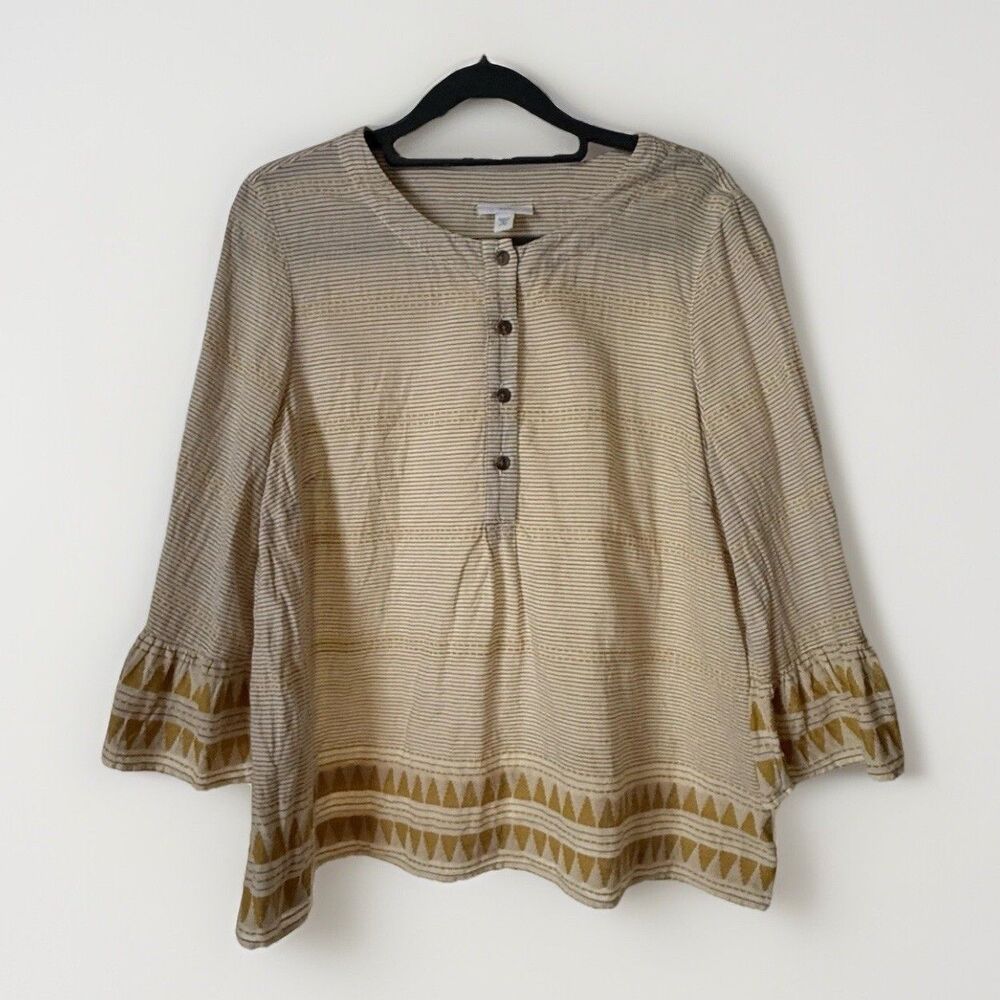 J.Jill Shirt Organic Cotton Bell Sleeve Stripe Gold Geometric Boarder Size PM